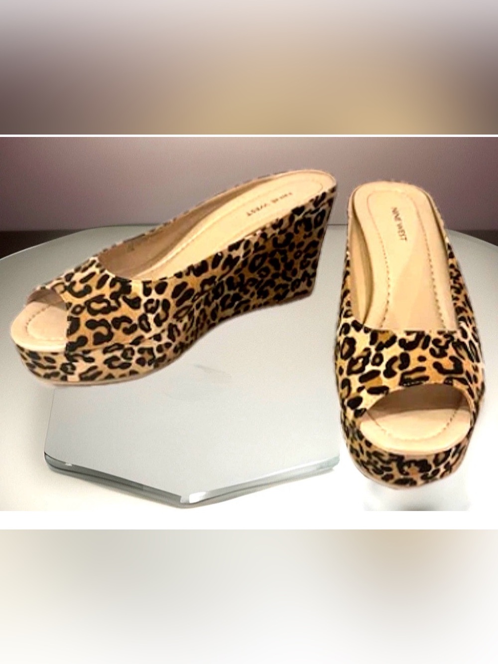 🐆NINE WEST🐆 LEOPARD FABRIC VTG PLATFORM PEEP-TOE WEDGE SLIDE ON SEXY SANDAL
